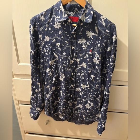 Carolina Herrera Men's Linen Blue Floral Print Button Down Shirt - Size 15 - Picture 8 of 11